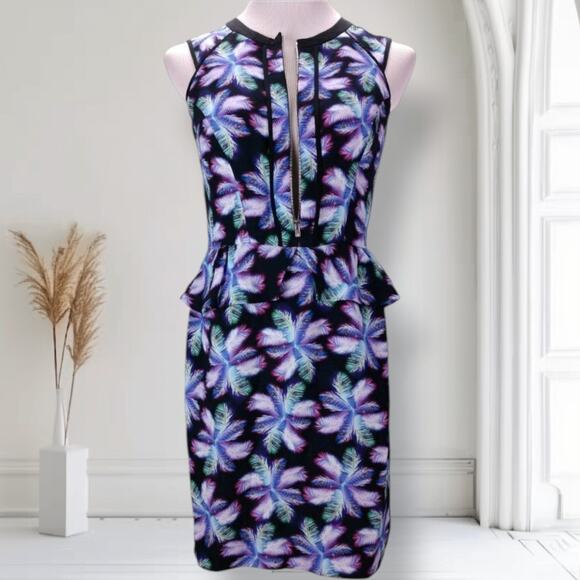 Sandro Paris Ricochet Neon Palm Print Peplum Dress Size 8 Jacquard Zip Front